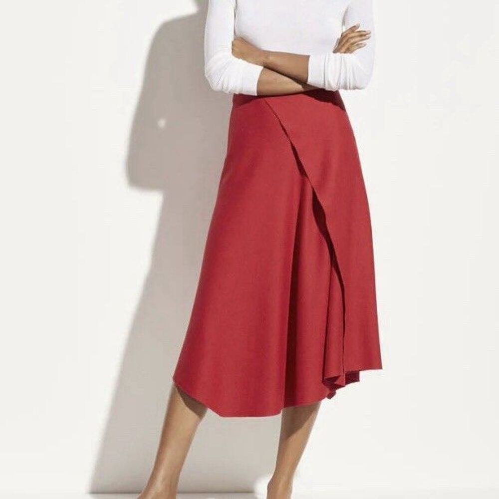Vince Asymmetric Drape Skirt Crimson Women Size 10 Red Midi Wool Office Career